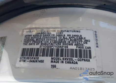 2001 Toyota Camry Solara Se z USA, uszkodzony, nr VIN 2T1CG22P71C542136